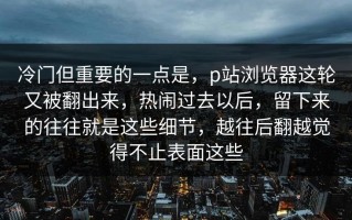 冷门但重要的一点是，p站浏览器这轮又被翻出来，热闹过去以后，留下来的往往就是这些细节，越往后翻越觉得不止表面这些